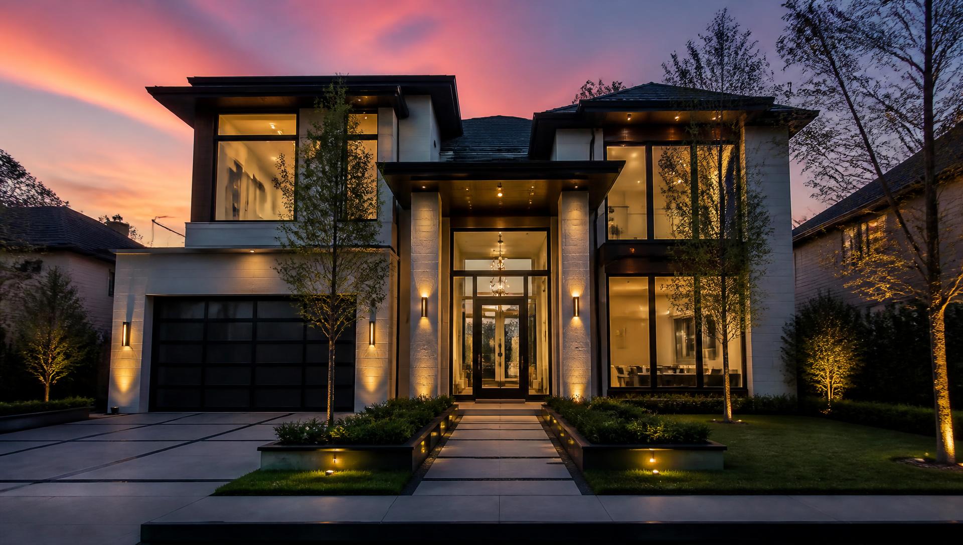 Luxury Houston home lit up at dusk